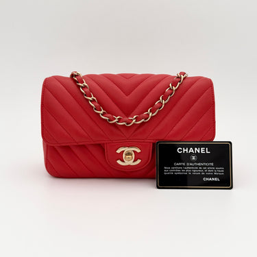 Chanel mini classic flap chevron red lambskin gold hardware