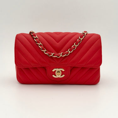 Chanel mini classic flap chevron red lambskin gold hardware