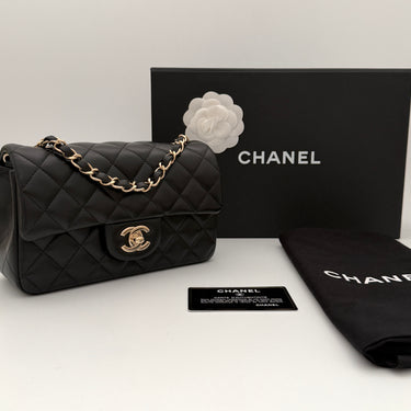 Chanel mini rectangular flap black lambskin gold hardware full set new