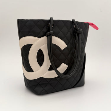 Chanel Ligne Cambon Small Tote Bag Black Quilted Lambskin Leather White CC Logo Vintage