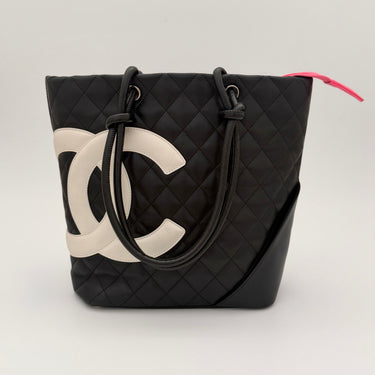 Chanel Ligne Cambon Small Tote Bag Black Quilted Lambskin Leather White CC Logo Vintage
