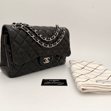 Chanel Timeless Classic Double Flap Jumbo Black Lambskin Silver Hardware, like new