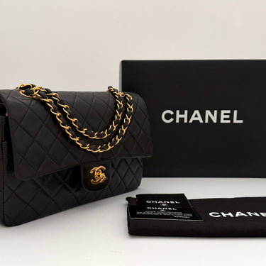 Chanel Timeless 25 Classic double flap bag black lambskin leather vintage full set