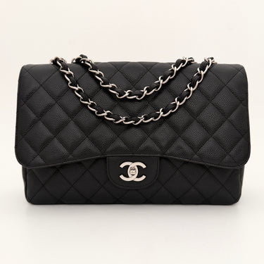 Chanel Jumbo Classic single flap bag black caviar leather silver hardware