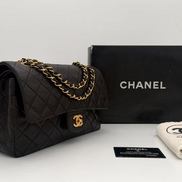 Chanel Timeless 25 Classic double flap bag black lambskin leather vintage full set